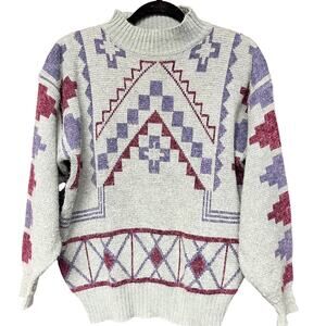 Vintage Women's M Gina Peters southwest tribal Aztec mockneck sweater red green